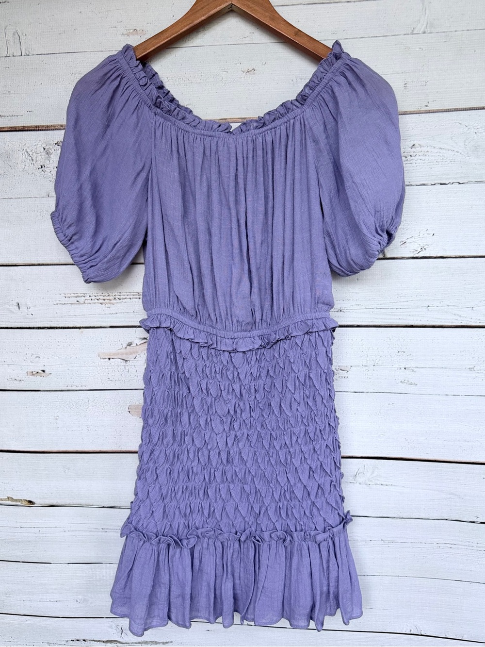 NWT DO+BE Lilac Puff Sleeve Smocked Ruffle Mini Dress - Medium - Picture 2 of 4
